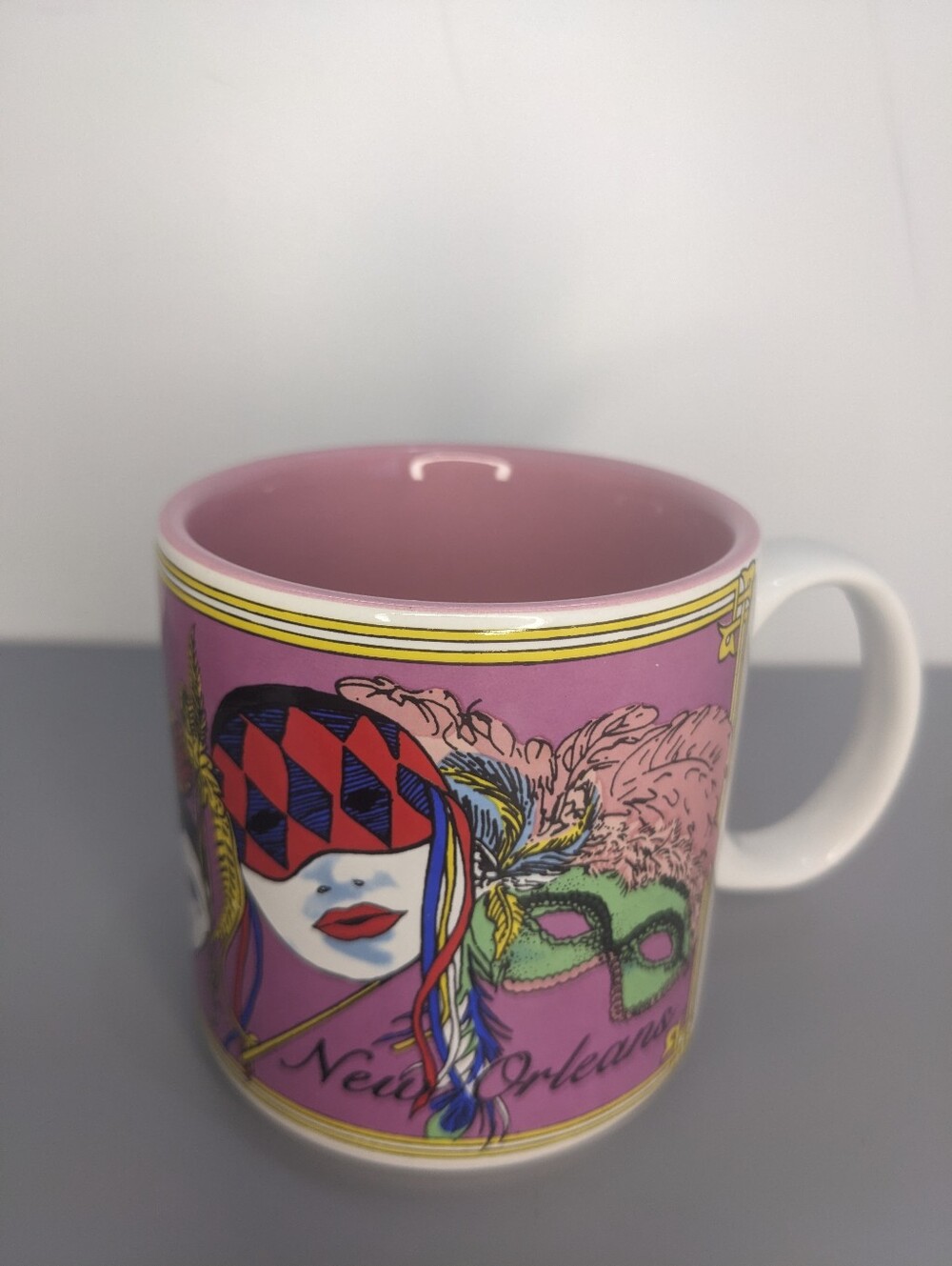 New Orleans Mug Mardi Gras Mask Ceramic Colorful Vintage Festival Art Style 1990